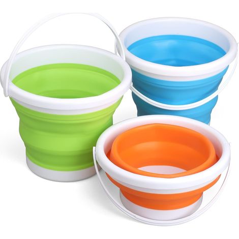 Cubos plegables de silicona de 3 piezas, cubos grandes de 3 litros para juguetes de playa, juguetes acuáticos plegables para piscina con asa para jardinería, viajes, pesca, limpieza, camping (azul, ve
