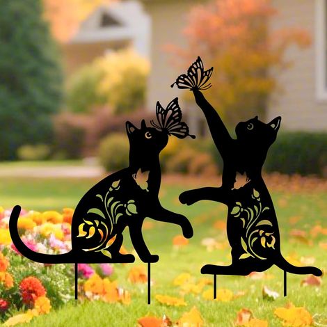 Décoration extérieure en métal représentant un chat - Lot de 2 piquets décoratifs pour jardin, ornements de pelouse, décoration de jardin (1/5)