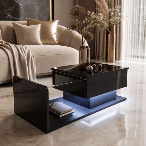 Mesa de centro elevable con tablero de vidrio, LED y almacenaje, negro HAVRYA (1/5)