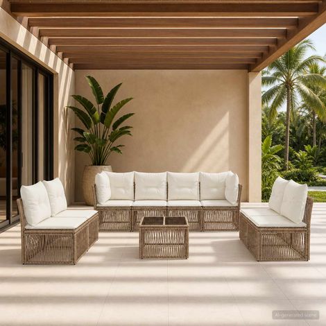 vidaXL Ensemble de canapé de jardin 9 pc Beige polyrotin (1/5)