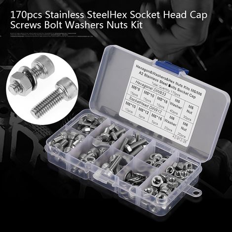 Kit de 170 vis à tête hexagonale creuse M5/M6 en acier inoxydable avec rondelles et écrous