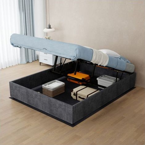 Lit coffre 140x200 cm velours gris avec rangement - lit rembourré - style moderne, vérins à gaz, sommier inclus (1/5)