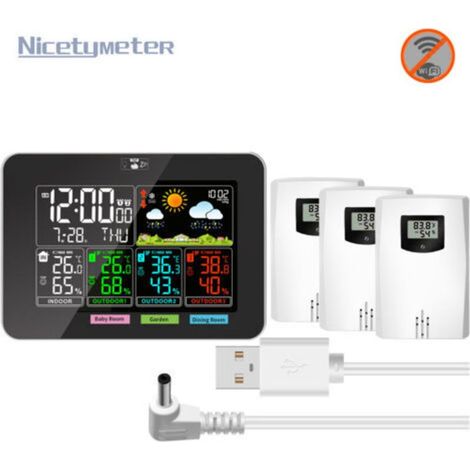 Drahtlose Wetterstation mit 3 Sensoren. Digitales Thermometer/Hygrometer für Innen und Außen. Farb-LCD-Display. Mit Kalender, Uhr, Wecker, Schlummerfunktion, Wettervorhersage, Temperatur- und Luftfeuc (1/5)