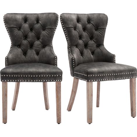 Chaise de salle à manger en velours gris avec pieds en bois massif et détails en clous, lot de 2 (1/5)