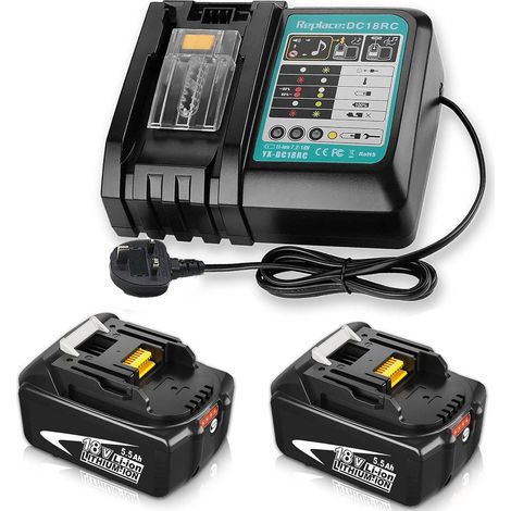 Battery chargers,2x Batteries 5,5Ah Li-Ion +1x Fast Charger DC18RC 14.4V-18V with Safety Protection ,LED indicator light and Music Reminder,Compatible with Makita Battery BL1815 BL1830 BL1840 BL1850