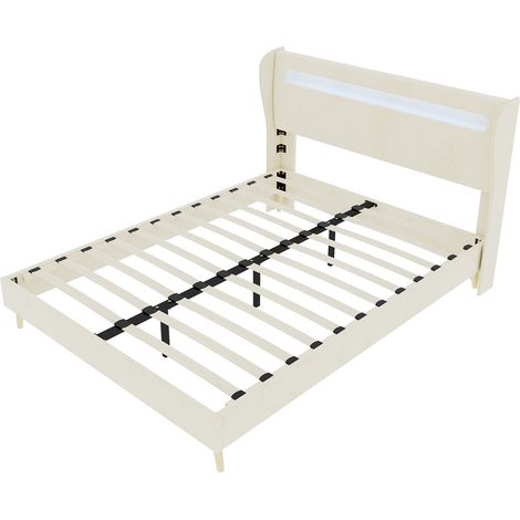 Cama tapizada moderna 160 x 200 cm beige con cabecero LED integrado y colchón incluido (1/5)