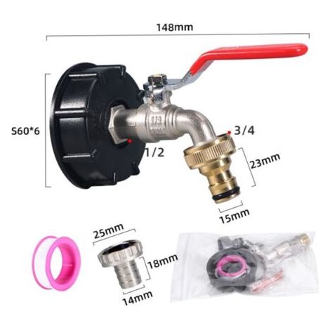 Grifo universal para tanque de 1000 litros con conexión de manguera de 1/2 pulgada y adaptador de riego. (1/4)