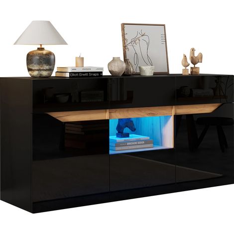 Commode avec Éclairage LED, 4 Tiroirs + 2 Compartiments, Sans Poignée, Finition Haute Brillance,140×40×70 cm,Noir & Ton Bois, (1/5)