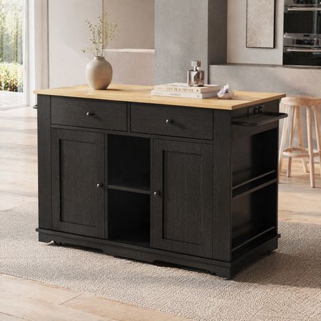 Meuble de cuisine îlot avec prises, plateau rabattable, roulettes, noir et bois DESVIAE (1/5)