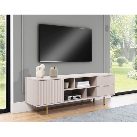 Bestmobilier – Meuble TV Monica 150 cm – Beige – MDF avec pieds en métal – Résistant à l’humidité et aux rayures – 2 tiroirs et 4 niches (1/5)