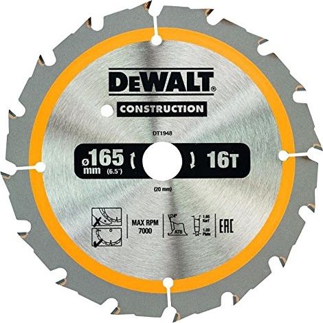 Dewalt – Lame de scie circulaire 165mm 20mm 16T DT1948QZ – Pour bois dur et matériaux avec clous – Coupe nette et durable (1/5)