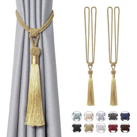Lot de 2 embrasses de rideaux à longs pompons, tressées à la main, style européen, pour la décoration de fenêtres à la maison ou au bureau (doré) (1/5)