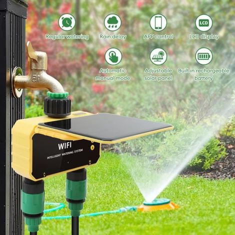 1 Minuterie d'irrigation solaire, double zone, WIFI + capteur pluie, 3200 mAh, pour jardin, potager et terrasse