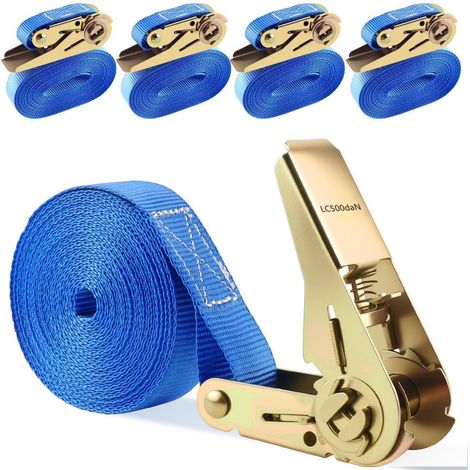 Lot de 4 sangles d'arrimage avec cliquet 6m, 25mm, 800kg, Bleu, sac inclus