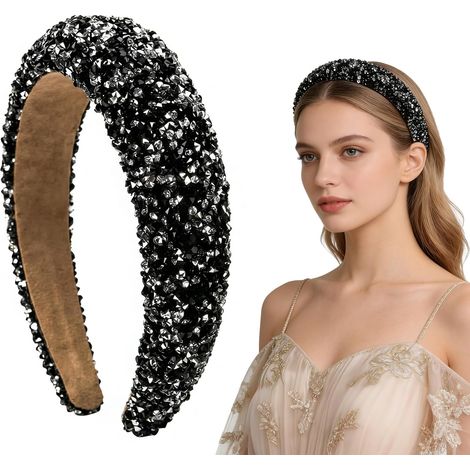 Fascia per capelli da donna con paillettes e strass, spessa e antiscivolo, elegante accessorio per capelli per matrimoni, feste e per tutti i giorni (nera) (1/5)