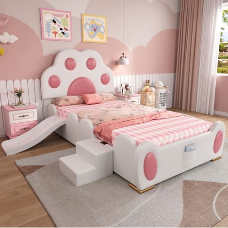 Lit enfant 90 x 200 cm rembourré blanc et rose avec tête de lit patte de chat, toboggan et échelle (1/5)