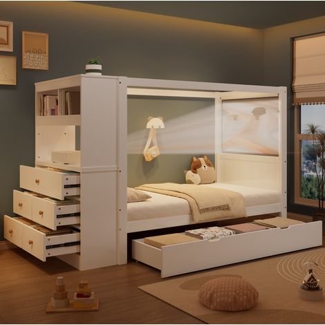 Cama infantil 90x200 cm blanca con almacenaje, 5 cajones y barrera (1/5)