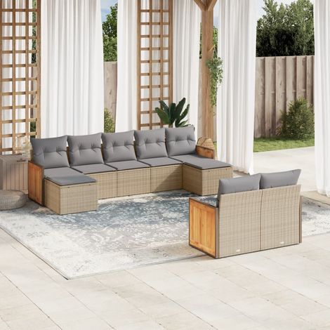 [Salon de Jardin] Canapé 9 Places en Résine Tressée Beige avec Coussins Gris - Stockage Intégré (1/3)