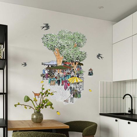 Décor papier peint préencollé Cenaryo, Le marché, par Lise Vila (1/4)