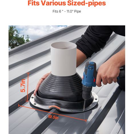 Solin de Toit pour Tuyaux 150-280 mm Étanchéité Toiture Flexible EDPM, Lot de 2, Base Ronde en Métal, Haute Température -55℃-100℃, pour Cheminée, Poêle à Bois, Tuyaux d'Aération Extérieur, Noir (1/5)