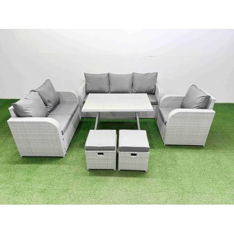 Fimous Rattan High Back Lounge Sofa Set Patio Dining Table & Chairs Set with 3 Seater Sofa Reclining Chair 2 Small Stool Light Grey (1/4)
