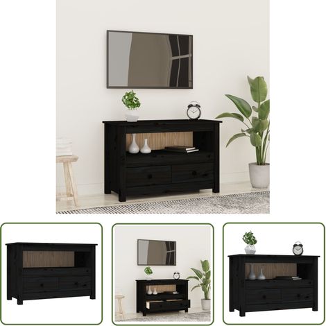The Living Store Meuble TV Noir 79x35x52 cm Bois de pin massif - Meubles Tv - Meuble Tv - Support Tv - Unité Tv - Meuble Tv Industriel (1/5)