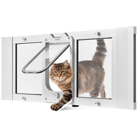 Gatera para Gatitos para Ventana Ajustable de 88,9-101,6 cm Puerta para Gato 4 Modos de Cierre Marco de Aluminio y Cristal de Alta Transparencia Cierre Magnético para Mascotas Pequeñas, Blanco (1/5)