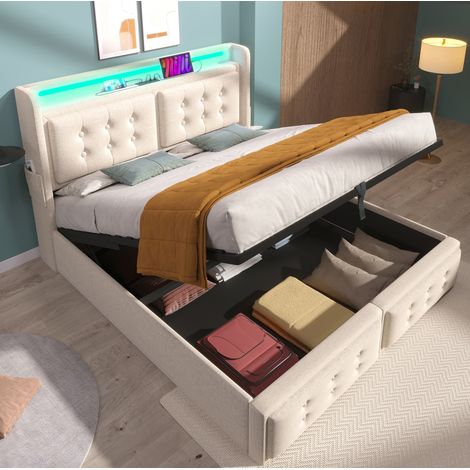 Letto matrimoniale contenitore LED USB 180x200 beige OKMYHOME (1/5)
