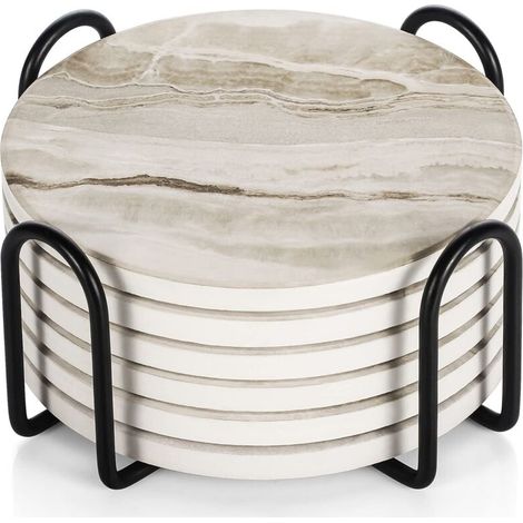 Dessous de verre, lot de 6 avec support, dessous de verre en céramique absorbante et antidérapante pour la maison, le café et les bars - Dessous de verre motif marbre