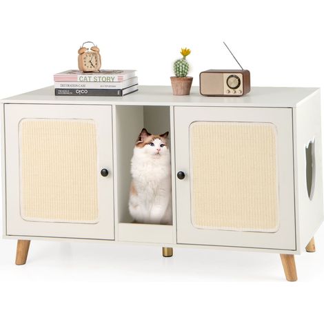 COSTWAY Cat Litter Box Enclosure Hidden Cat Washroom Furniture-White (1/5)