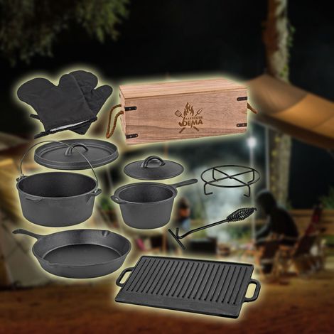 Gusseisen Grill Feuertopf Pfanne Grillplatte Set 7-tlg. in Holzbox Geschenk (1/5)