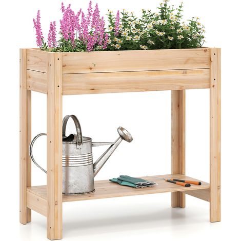 Jardinière Surélevée en Bois avec Pieds, Lit de Jardin avec Étagère de Rangement et Trous de Drainage, Conteneur pour Fleurs Herbes, 81 x 38 x 76 cm (1/5)