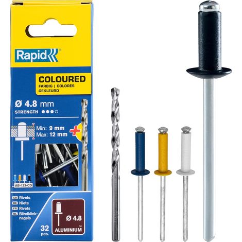 RAPID - Rivets Automobile 4 couleurs - Ø4,8 x 16mm Aluminuim - Boîte 32, fixation solide entre les matériaux, lien durable, Inclu 1 Forêt de perçage - (5000404)