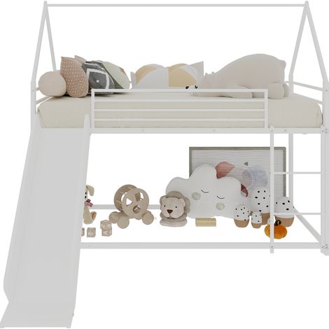 Lit superposé cabane avec toboggan 90x190 cm, structure métal blanc, escalier sécurisé et gain de place pour chambre d’enfants - CHICFURN (1/5)