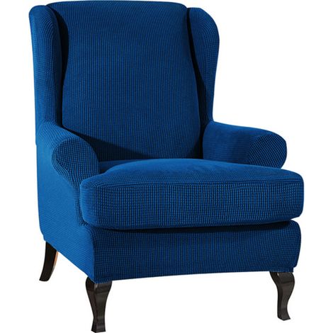 Housse de canapé extensible en tissu élastique pour fauteuil à oreilles, protection pour meubles en polyester et élasthanne (bleu foncé)