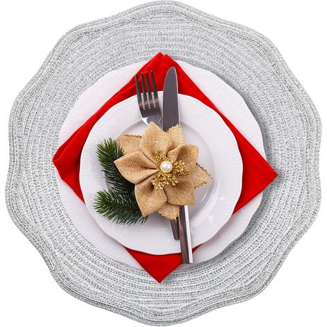 Lot de 6 sets de table ronds tressés de 38,1 cm pour tables de salle à manger, tissés naturels, résistants à la chaleur (vague brillante argentée)'Silver Shine Wave 6'Silver Shine Wave'6