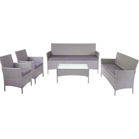 Salon de jardin en résine tressée 6 places avec canapé fauteuils table et coussins poly rotin gris coussins anthracite 040011075