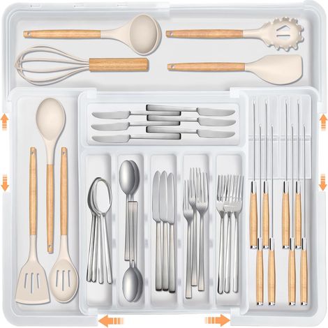 Range-couverts extensible, (33,53–55,88) cm × (36,83–48,26) cm, blanc,Plateau à couverts pour tiroir. (1/5)