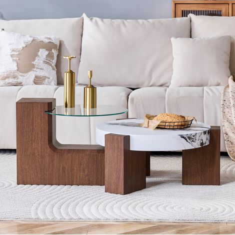 Demontierbares rundes Couchtisch-Set aus MDF in Nussbaumoptik und Klarglas (1/5)