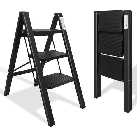Escabeau 3 Marches Pliable Noir Antidérapant, Max 150kg, Robuste, Intérieur Extérieur (1/5)