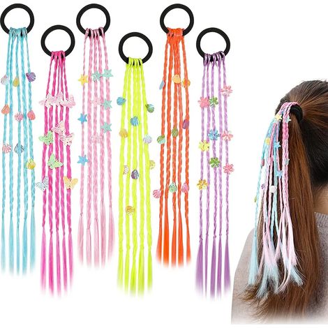 6 élastiques à cheveux colorés pour enfants, mèches synthétiques à tisser, extension capillaire, queue de cheval, postiche tressé, accessoire cheveux fille