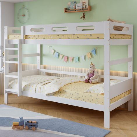 Lit superposé, 90x200 cm, convertible en deux lits simples, lit enfant, design simple, lit en bois, avec échelle et barrière, sommier à lattes, blanc (1/5)