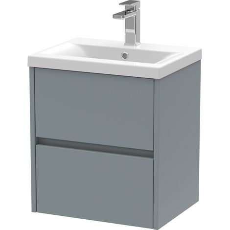 Square Wall Hung 2 Drawer Vanity Unit & Ceramic Basin, 500mm - Matt Coastal Grey