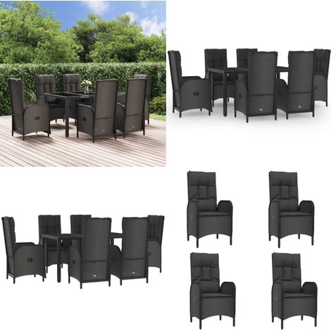 Set da Pranzo da Giardino 7 pz Nero con Cuscini in Polyrattan - Sedie da giardino reclinabili - Tavolo da giardino
