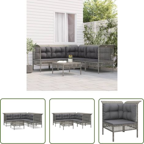 vidaXL Rattan - 6-tlg. Garten-Lounge-Set mit Kissen Grau Poly Rattan (1/5)