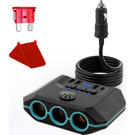 Upgraded 7-in-1 Car Cigarette Lighter USB Charger, 120W Car Charger Splitter Adapter with 3 Outlets and 4 USB Ports, Fast Charging for 12V/24V Car Devices