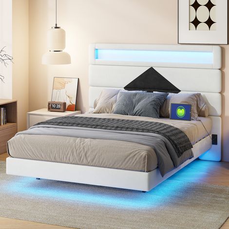 Lit adulte 140x190 cm en velours beige avec tête de lit rayée réglable, éclairage LED et ports USB