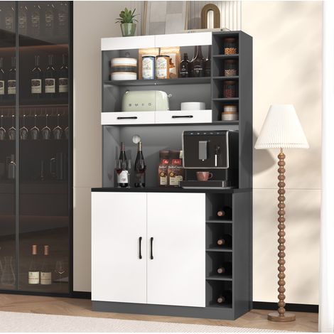 Buffet haut de cuisine 100x47x187 cm avec LED, compartiments réglables et doubles portes, gris et blanc (1/5)
