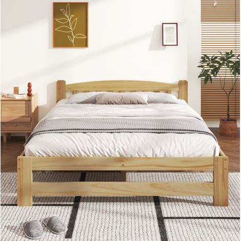 DESVIAE Lit double en bois de pin massif avec tĂŞte de lit et sommier Ă lattes naturel 140 x 200 cm (1/5)