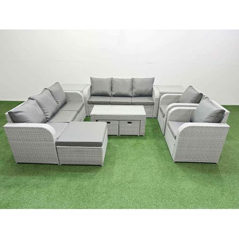 Fimous PE Rattan High Back Lounge Sofa Set Patio Oblong Coffee Table & Chairs Set with 3 Seater Sofa Reclining Chair 3 Stools 2 Side Table Light Grey (1/4)